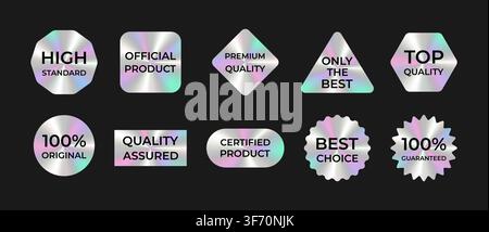 Collezione di badge metallici. Etichette moderne con sfumature, emblemi per il branding e il marketing. Adesivi olografici. Illustrazione Vettoriale