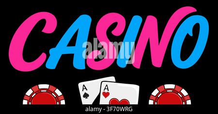 Banner di tipografia in stile neon per casinò con carte da gioco e fiches rosse, illustrazione vettoriale Illustrazione Vettoriale