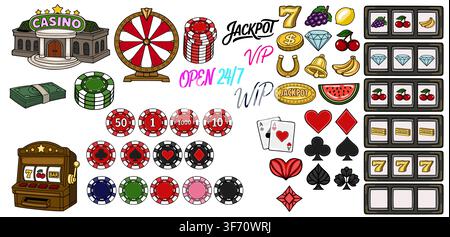 Set vettoriale di casinò con slot machine, fiches di poker, carte da gioco e icone di gioco d'azzardo Illustrazione Vettoriale