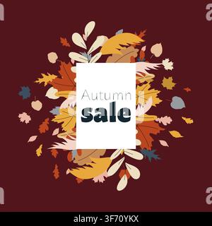 Modello o banner per social media per saldi autunnali con cornice bianca e fogliame autunnale su sfondo bordeaux scuro. Vettore promozionale stagionale moderno Illustrazione Vettoriale