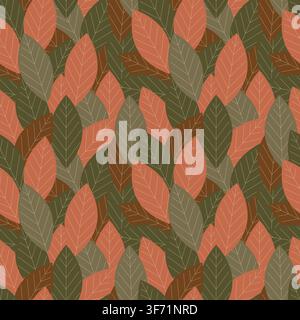 Motivo autunnale senza cuciture con foglie di alberi appuntite e dense che si sovrappongono con vene sottili in una gamma di colori verde oliva, marrone e terracotta smorzata per tessuti Illustrazione Vettoriale