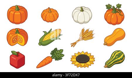 Set di icone vettoriali colorate di raccolto autunnale, zucche, verdure, mais, girasole e zucca isolati su sfondo bianco. Illustrazione Vettoriale
