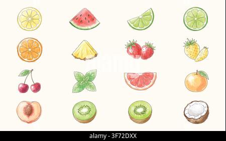 Set di icone di frutti freschi, fette e frutti tropicali disegnati a mano ad acquerello, isolati su sfondo chiaro. Illustrazione Vettoriale