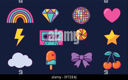 Adesivi, badge e icone vettoriali retrò pop art colorati, isolati su sfondo blu scuro. Illustrazione Vettoriale