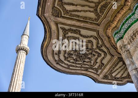 Tetto di padiglione imperiale ornato e minareto al Museo del Palazzo Topkapı a Istanbul, Türkiye. Foto Stock