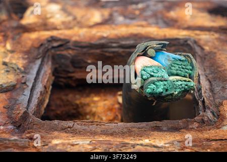Macro di un cavo elettrico tagliato con fili di rame ossidati che sporgono da una base metallica fortemente arrugginita Foto Stock