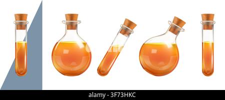 Provetta per analisi del sangue da laboratorio, flacone di pozione 3D. Pallone in vetro liquido, gioco rpg a bulbo magico. Becher chimico da laboratorio, vaso di elisir medievale. Fiala medica Illustrazione Vettoriale