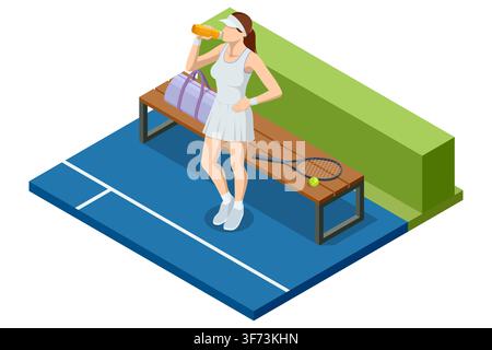 Giocatrice di tennis isometrica che si idrata accanto alla panchina del campo durante una pausa del match e un allenamento Illustrazione Vettoriale