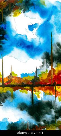 Paesaggio astratto di lago ad acquerello con colori autunnali e acqua riflettente, cielo sognante. Foto Stock