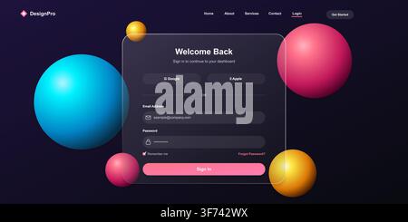 Design moderno dell'interfaccia utente della pagina di login con effetto glassmorphism, sfere 3D astratte e sfondo gradienti scuri per applicazioni web e mobili Illustrazione Vettoriale