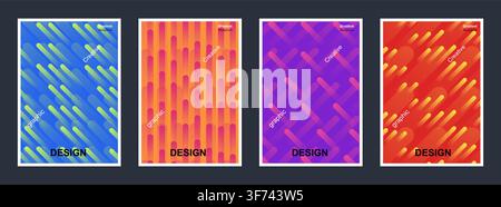 Set di quattro poster astratti con motivi di linee geometriche e sfondi sfumati vibranti Illustrazione Vettoriale
