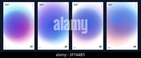 Set di quattro poster astratti con cerchi sfumati che brillano dolcemente e arte lineare sottile Illustrazione Vettoriale