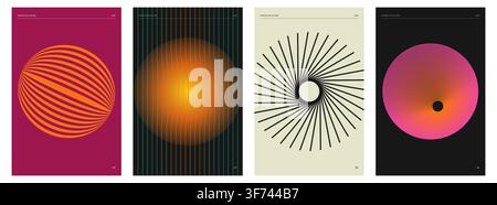 Set di quattro poster geometrici astratti con motivi lineari minimalisti, sfumature vibranti e forme circolari per il design grafico moderno Illustrazione Vettoriale