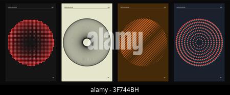 Set di quattro poster geometrici minimalisti con motivi circolari astratti in vari stili e combinazioni di colori Illustrazione Vettoriale