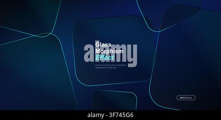 Sfondo astratto con effetto di morfosi vitrea, forme quadrate arrotondate e linee al neon luminose in sfumature blu profondo e ciano Illustrazione Vettoriale