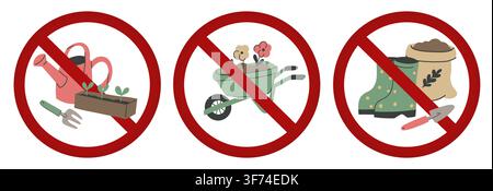 Set di icone vettoriali e collezione di segnali di stop rossi isolati con attrezzi da giardino, stivali e piante sbarrati. Lavoro vietato. Ideale Illustrazione Vettoriale