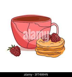 Tazza di tè con clipart di pancake ai lamponi per menu della colazione, progetti per il brunch, branding del caffè, libri di ricette. Illustrazione Vettoriale