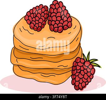 Frittelle con lamponi freschi clipart. Illustrazione di colazione dolce per menu di caffè, progetti di pasticceria. Illustrazione Vettoriale