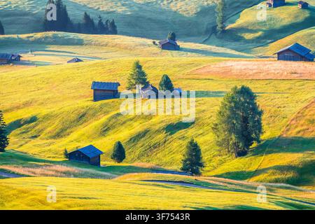 Rifugi alpini nelle colline del prato dell'Alpe di Siusi all'alba, Alpe di Siusi. Regione delle Dolomiti in Italia Foto Stock