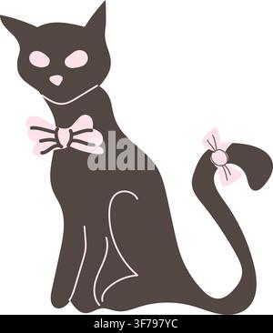 Gatta carina con fiocchi rosa. Illustrazione vettoriale carina disegnata a mano per le feste di Halloween. Icona semplice di gatto nero in stile piatto. Illustrazione Vettoriale