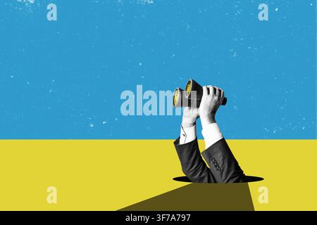 Mani in abiti da lavoro tengono un binocolo, isolate su uno sfondo a design piatto. Analisi aziendale e pensiero strategico. Foto Stock