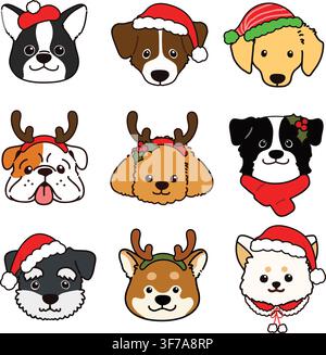 Illustrazioni natalizie semplici e carine con adorabili volti di cani con contorni Set A Illustrazione Vettoriale