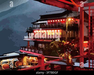 Casa del tè tradizionale della vecchia strada di Jiufen a Taiwan con lanterne rosse illustrazione artistica Foto Stock