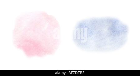 Macchie di pittura ad acquerello set rosa e blu illustrazione di macchie astratte. Blob pastello morbido disegnati a mano isolati su bianco per elementi di design, texture Foto Stock