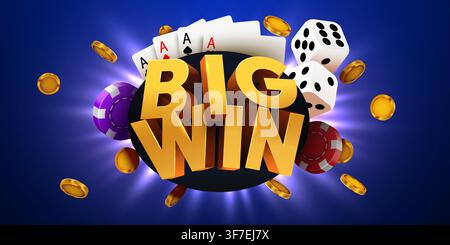 Banner del casinò Big Win con carte e gettoni. Design dinamico con testo dorato e elementi di gioco d'azzardo. Illustrazione vettoriale Illustrazione Vettoriale