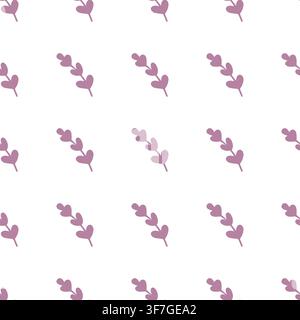 Modello vettoriale senza cuciture con rami di lavanda viola su sfondo bianco. Stampa floreale minimalista per packaging cosmetici, carta e tessuti. Illustrazione Vettoriale