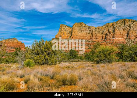 Prateria arida e arbusti desertici in primo piano che conducono a imponenti scogliere di arenaria rossa sotto un cielo blu terso a Sedona, Arizona. Foto Stock
