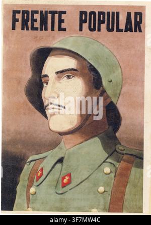 Guerra civile spagnola, Frente Popular, Fronte Popolare, appello, brigate socialiste, 1936, volantino, nota adesiva, agitazione, firmato, Rafel Tona, Un soldato in Foto Stock