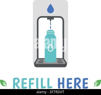Un'illustrazione vettoriale piatta di un distributore di ricarica che tiene una piccola bottiglia sotto una goccia di liquido con il testo inglese Refill Here. Illustrazione Vettoriale