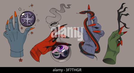 Set vettoriale di mani di strega che tengono oggetti magici. Dita femminili spaventose con serpente inquietante, piede di pollo, sfera di cristallo esoterica e pozione, simboli di stregoneria mistici per il design di banner horror di Halloween Illustrazione Vettoriale