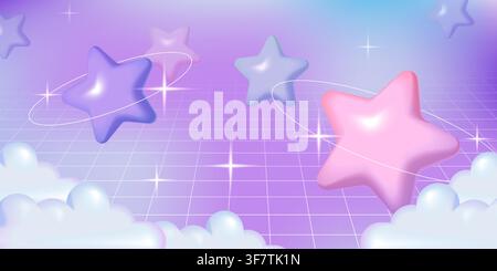 Stelle e nuvole 3D che fluttuano su uno sfondo sfumato. Illustrazione vettoriale realistica di un banner romantico Y2K con palloncini rosa pastello, viola e scintille, poster retrò da sogno con effetto plastica Illustrazione Vettoriale