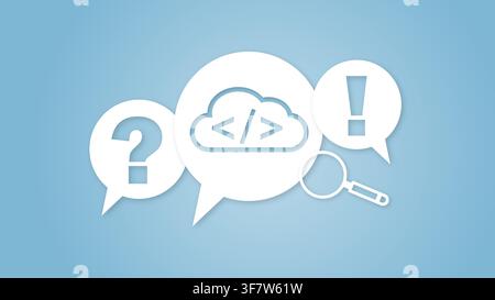 Concetto di cloud computing con simboli di codice, punti di domanda ed esclamazione in palloncini e una lente d'ingrandimento su uno sfondo blu chiaro. Foto Stock
