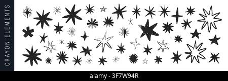 Set di icone a forma di stella con pastelli. Illustrazioni vettoriali brillanti e scintillanti. Stelle e asterischi carini disegnati a mano. Figure infantili per lo scrapbooking creativo Illustrazione Vettoriale