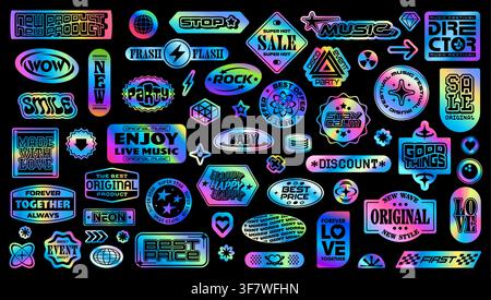 Adesivi ologramma y2k groovy etichette patch retrò. Pacchetto di adesivi vettoriali con foglio iridescente ologramma forma geometrica con globi, stelle, frecce e cuori retrò y2k. Etichette patch foglio sfumato groovy Illustrazione Vettoriale