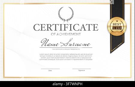 Modello di certificato di diploma di riconoscimento con cornice ornamentale nera e sigillo d'onore dorato. Modello professionale di certificato di riconoscimento con corona d'alloro e linea per la firma per l'università Illustrazione Vettoriale