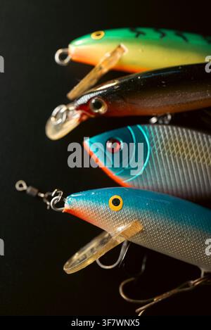 Collezione di attrezzatura da pesca, scatto verticale che mostra una varietà di esche artificiali colorate per pesci Foto Stock