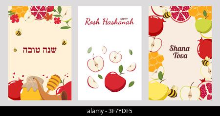Tre biglietti di auguri Rosh Hashanah con mele, melagrane, miele, api, fiori e shofar, con Shana Tova in ebraico Illustrazione Vettoriale