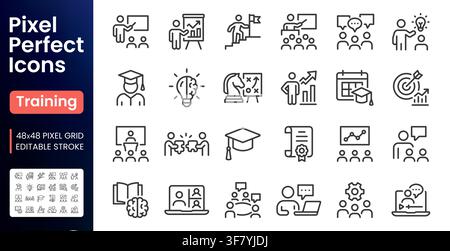 Set di icone a linea per l'allenamento. Coaching, workshop, leadership, presentazione, apprendimento online e crescita della carriera illustrazione vettoriale lineare minimale. Semplice Illustrazione Vettoriale