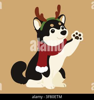 Illustrazione natalizia semplice e carina di un cane Shiba Inu nero che saluta con la zampa Illustrazione Vettoriale