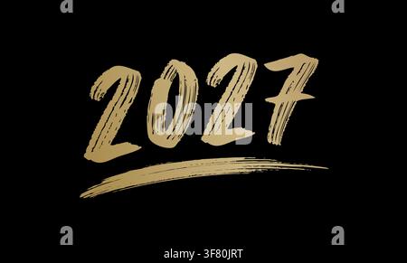 Emblema tipografico dell'anno 2027 per il branding festivo, il biglietto per feste, il calendario, il poster o il design promozionale. Lettering a tratti dorati a pennello. Vettore. Illustrazione Vettoriale