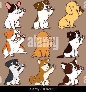 Serie di cani delineati seduti e che si stringono la mano, illustrazioni Illustrazione Vettoriale