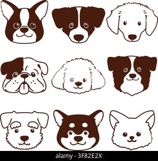 Set di varie teste di cani carine con solo contorni Illustrazione Vettoriale
