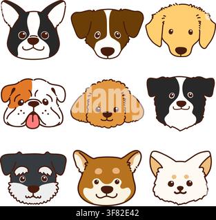 Set di vari volti di cani carini delineati Illustrazione Vettoriale