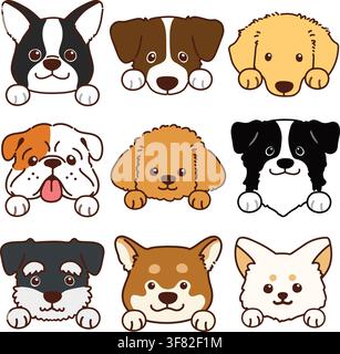Set di vari volti di cani carini con zampe Illustrazione Vettoriale