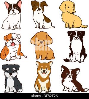 Set di cani delineati seduti in illustrazioni di vista frontale Illustrazione Vettoriale
