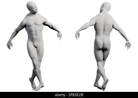 Una rappresentazione 3D dettagliata di una figura maschile che cammina con sicurezza su uno sfondo bianco da studio, mostrando anatomia muscolosa e una postura dinamica. Foto Stock